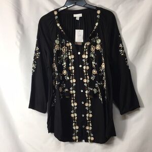 J. Jill Women’s Black Floral Embroidered Peasant Top Size S NEW with Tags